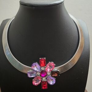 Silver Necklace with Red and Pink Gemstone Flower